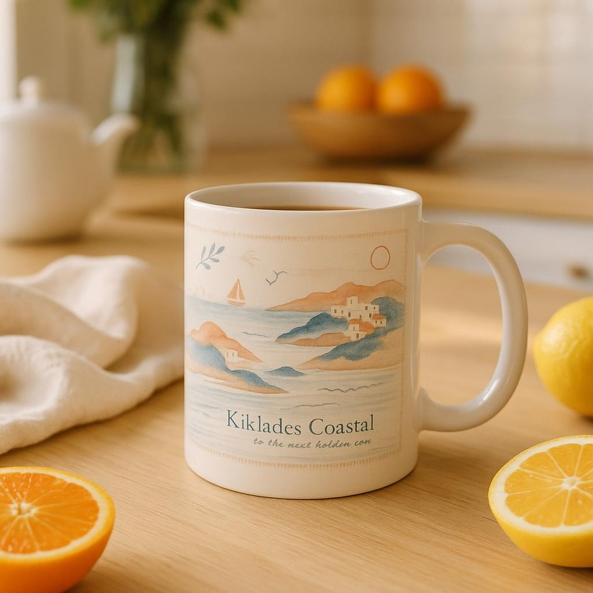 Cyclades mug placed on a kitchen shelf next to linen and dried grasses for scale