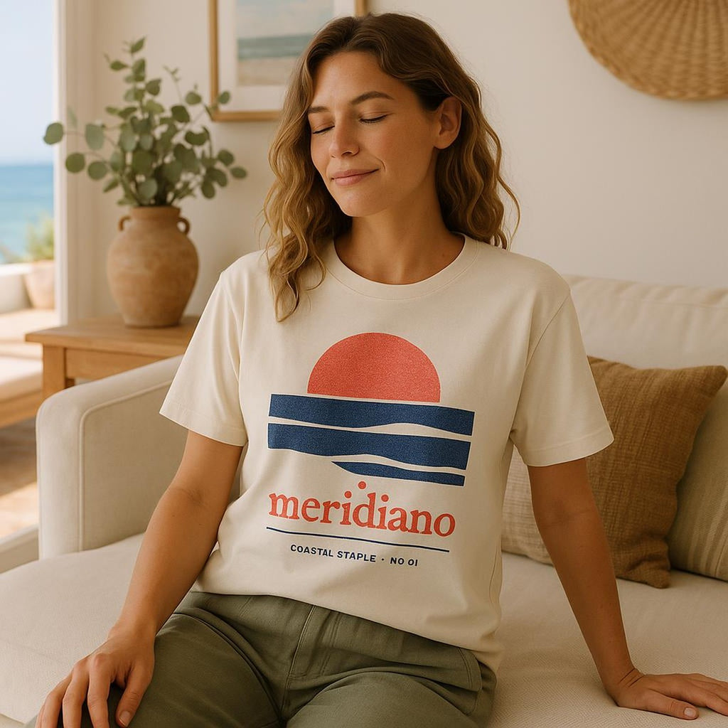 Model standing full length in the relaxed-fit tee paired with linen, showing overall drape and proportion