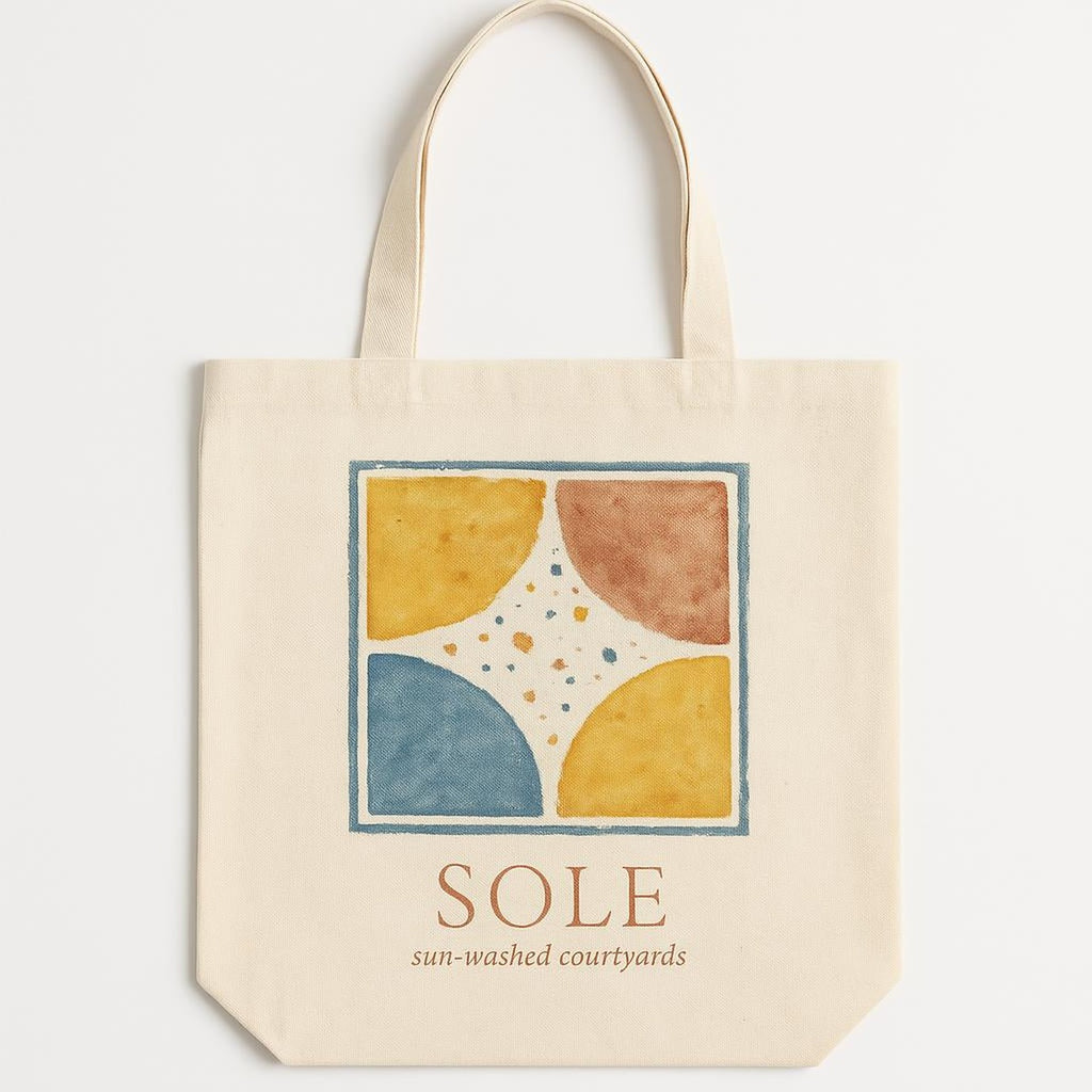 Hero shot of a cotton canvas tote bag printed with a sun-washed ochre and azure terrazzo pattern on a plain background
