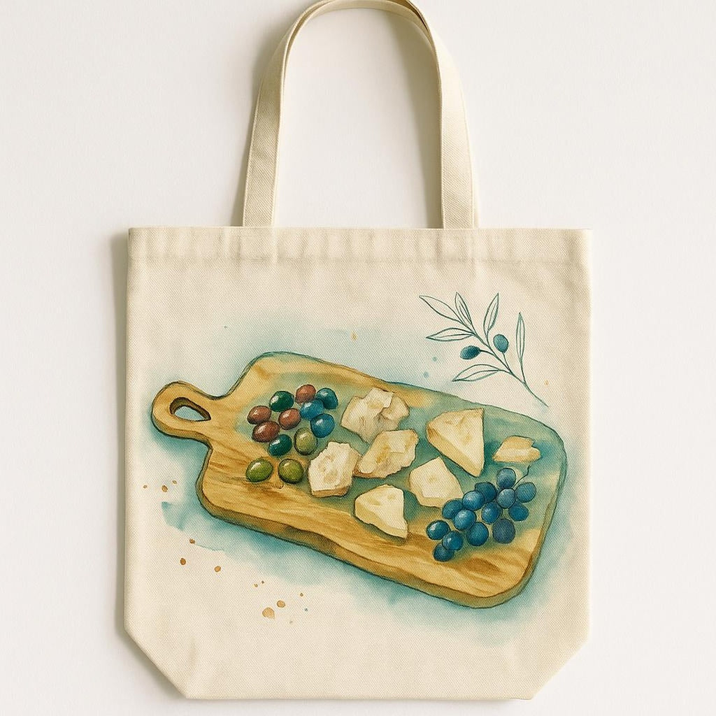 Natural cotton tote bag printed with an olive wood grazing paddle illustration in warm olive and honey tones