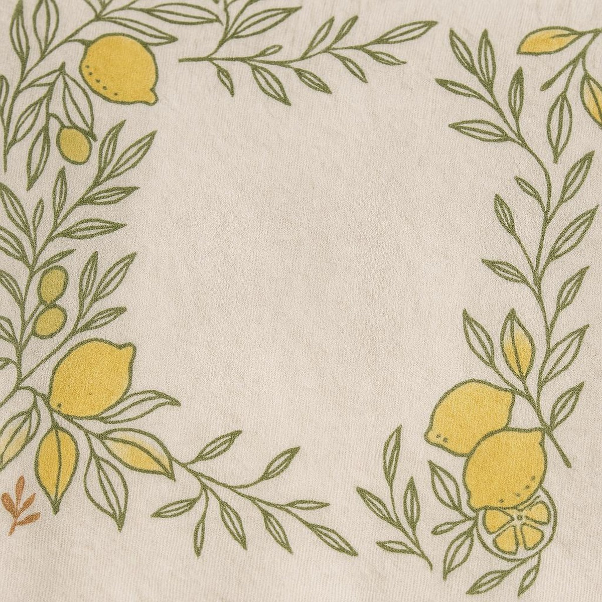 Close-up of the hand-drawn lemon and slender olive branch illustration showing warm print detail