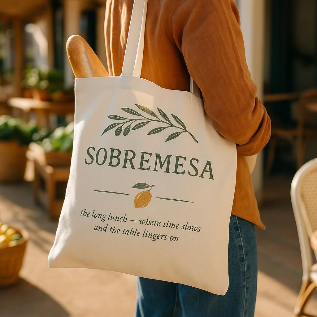 Lifestyle shot of the Sobremesa Carafe tote carried over a shoulder at a sunny Mediterranean market