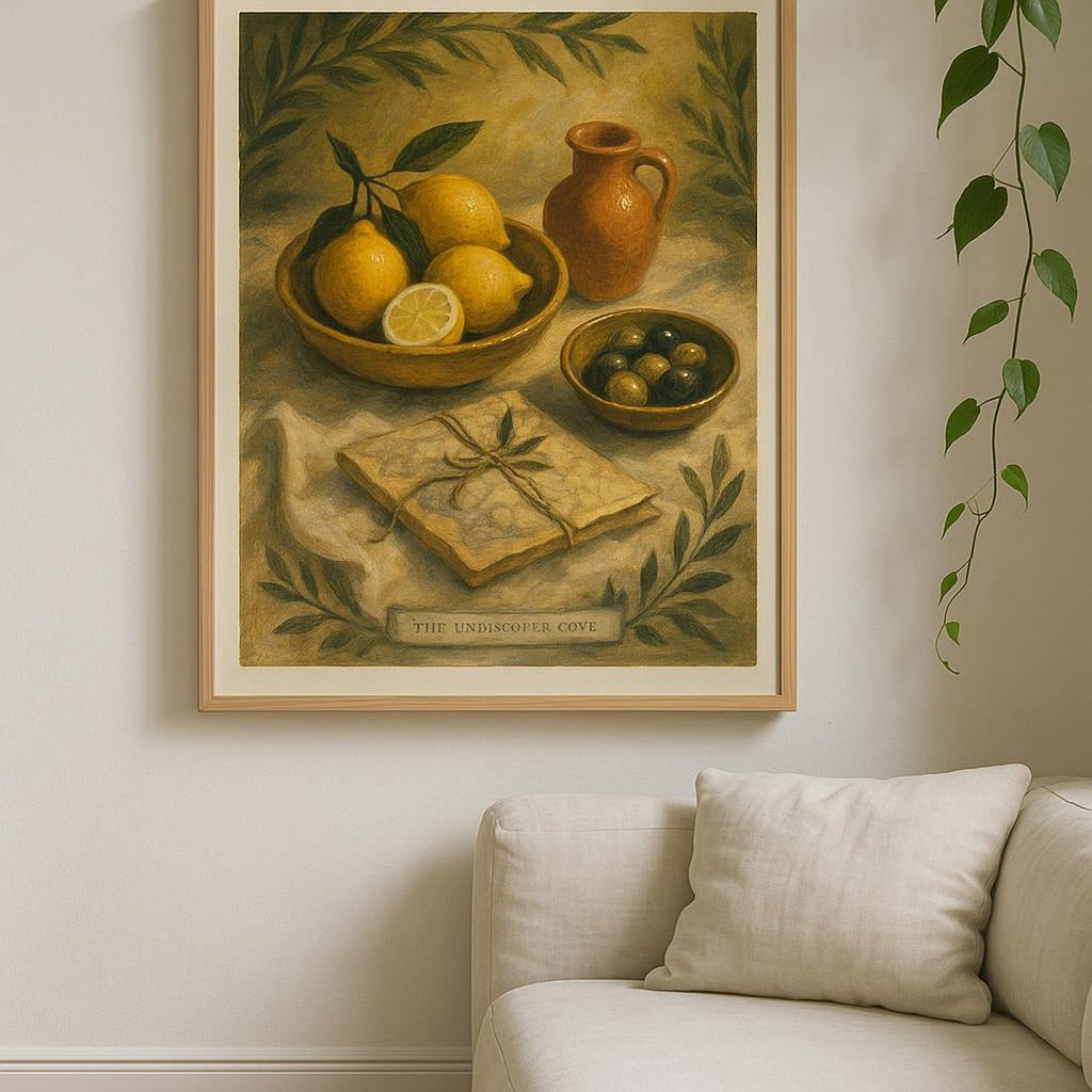 Room scene with the archipelago poster styled on a hallway gallery wall beside shelves
