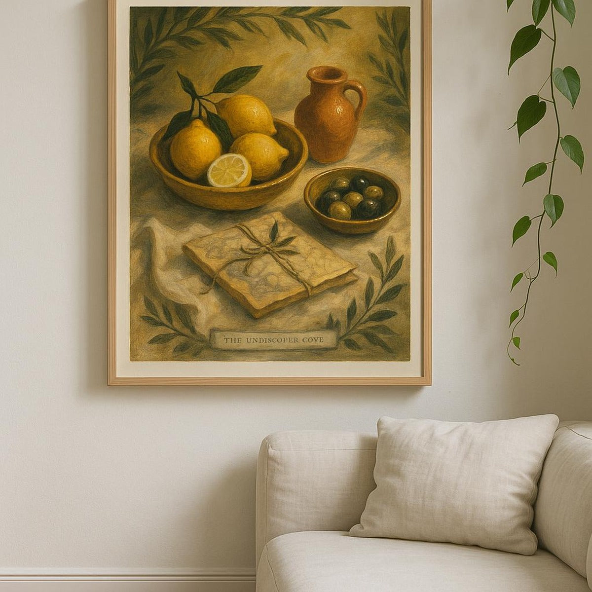Room scene with the archipelago poster styled on a hallway gallery wall beside shelves