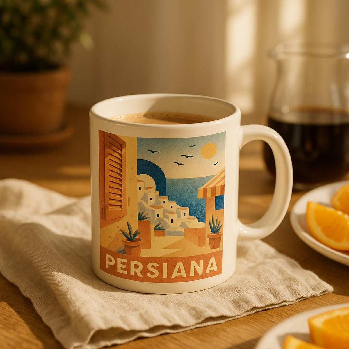 Persiana stripe mug styled on a table with a book and warm neutral linens
