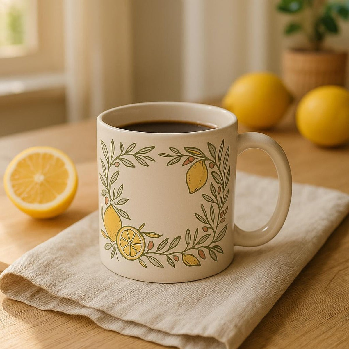 Room scene with the Mediterranean mug on a rustic kitchen shelf beside citrus and linen