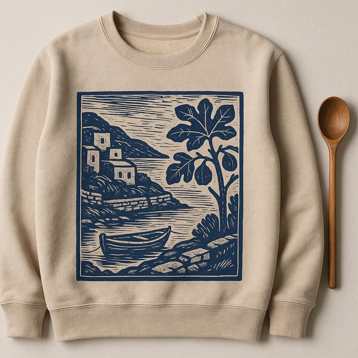 Full front view of the sweatshirt on a model showing the easy relaxed fit