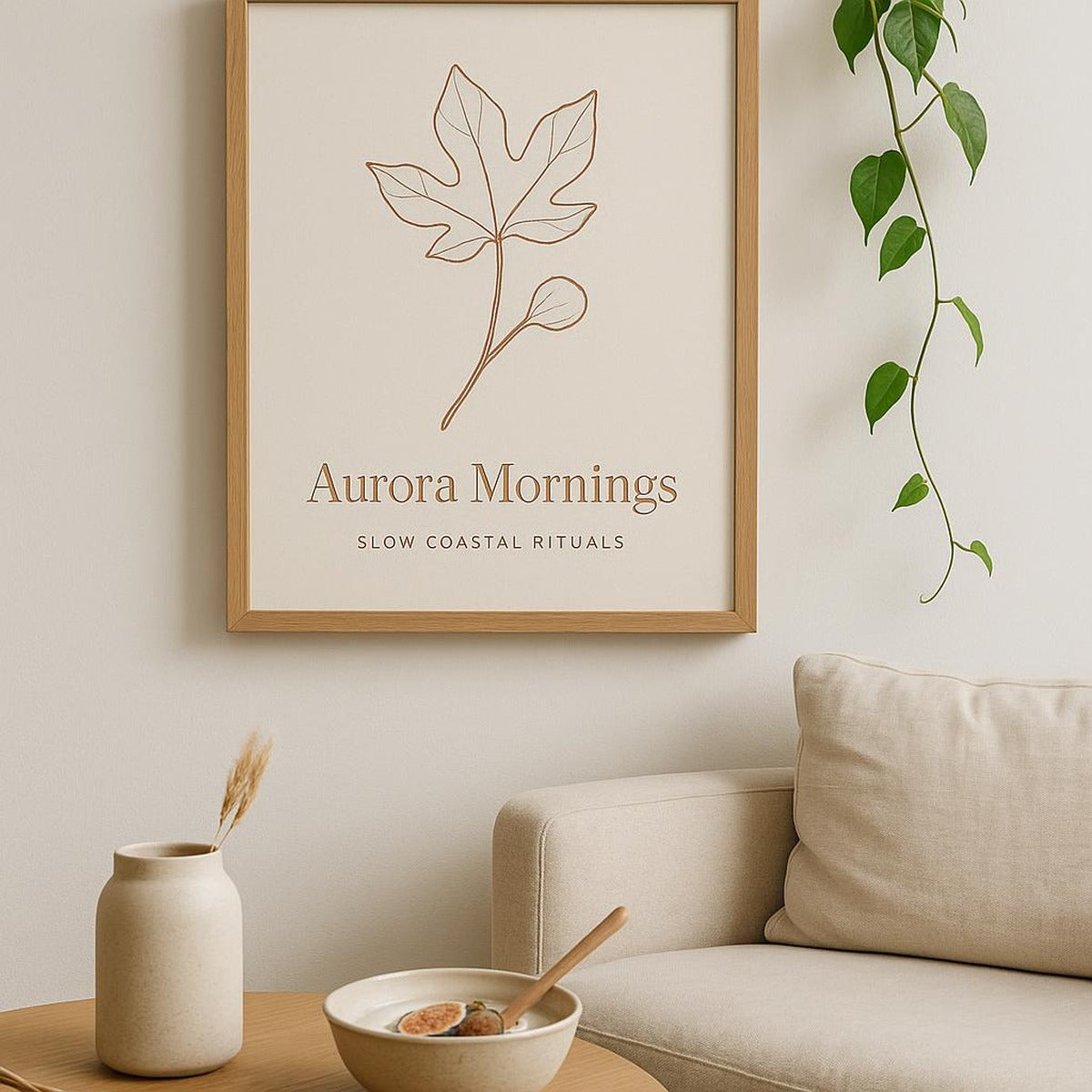 Lifestyle view of the Aurora Morning Bowls poster framed in oak above a sunlit Mediterranean breakfast table