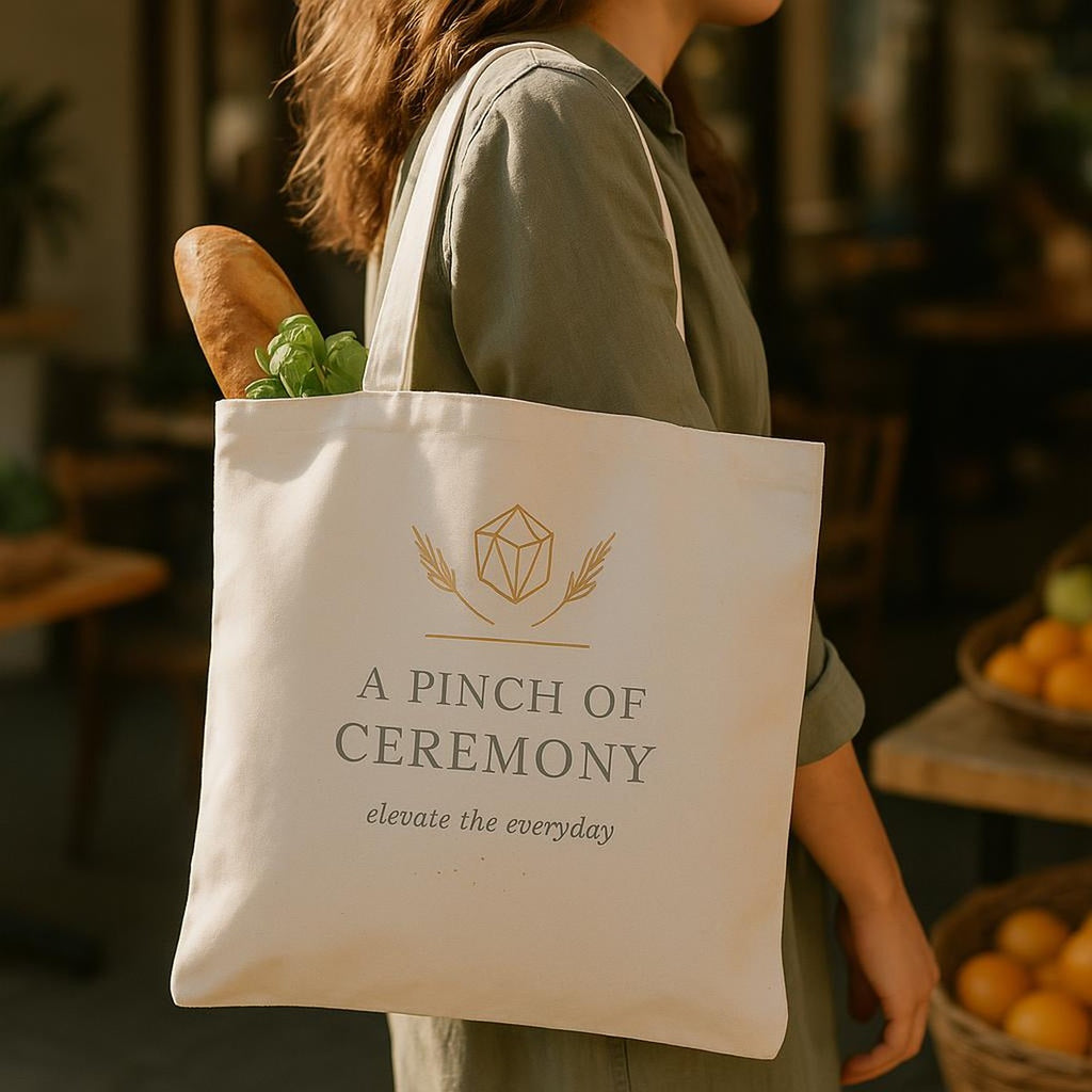 Lifestyle shot of the Fleur salt cellar tote carried on the shoulder at an outdoor market
