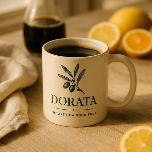 Hands cradling the Dorata amber mug filled with steaming coffee