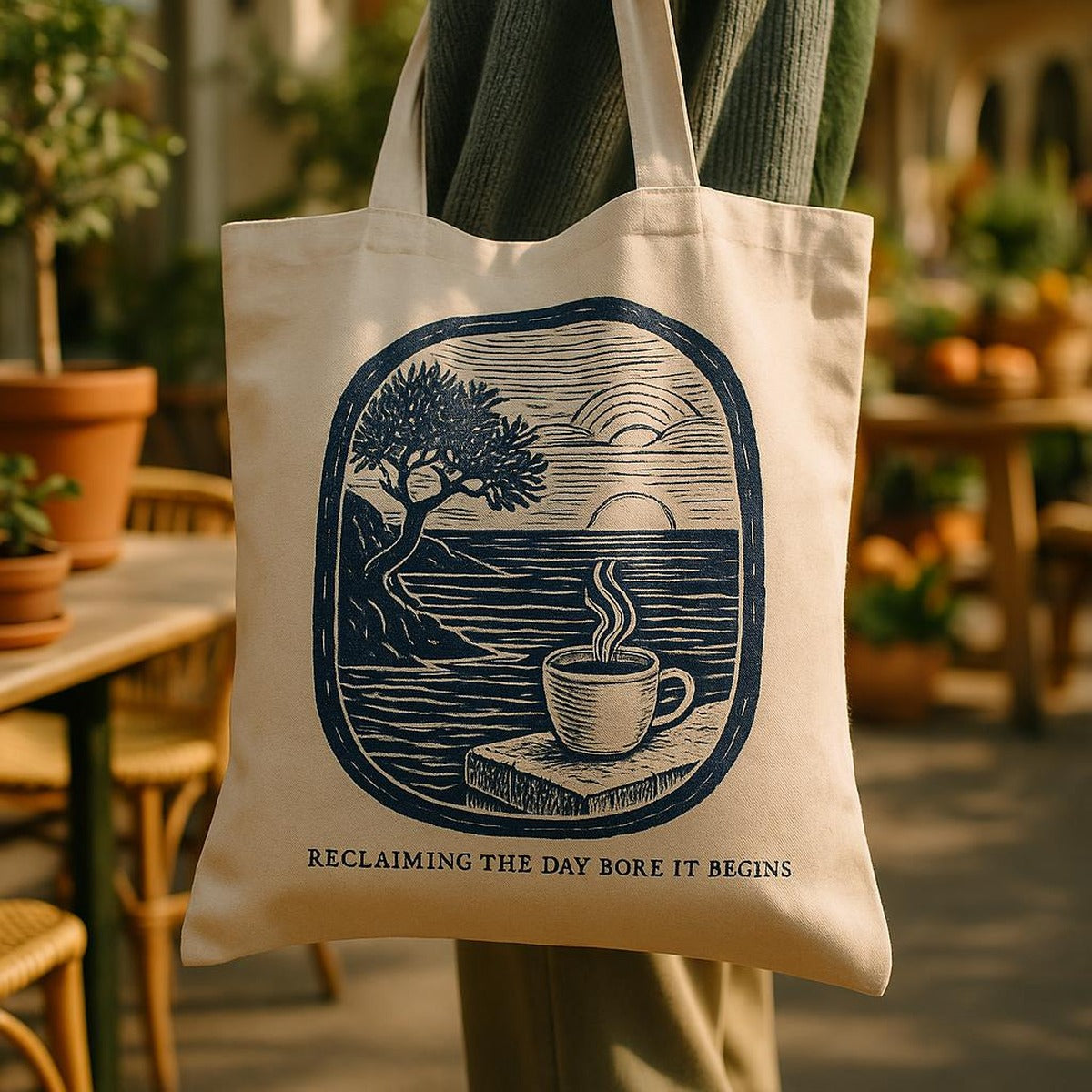 Flat lay of the coffee scoop tote on a rustic wooden table beside a cup of morning coffee
