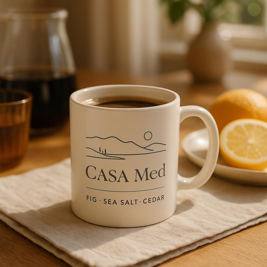 Ceramic mug styled on a rustic kitchen shelf with earthy neutral tones