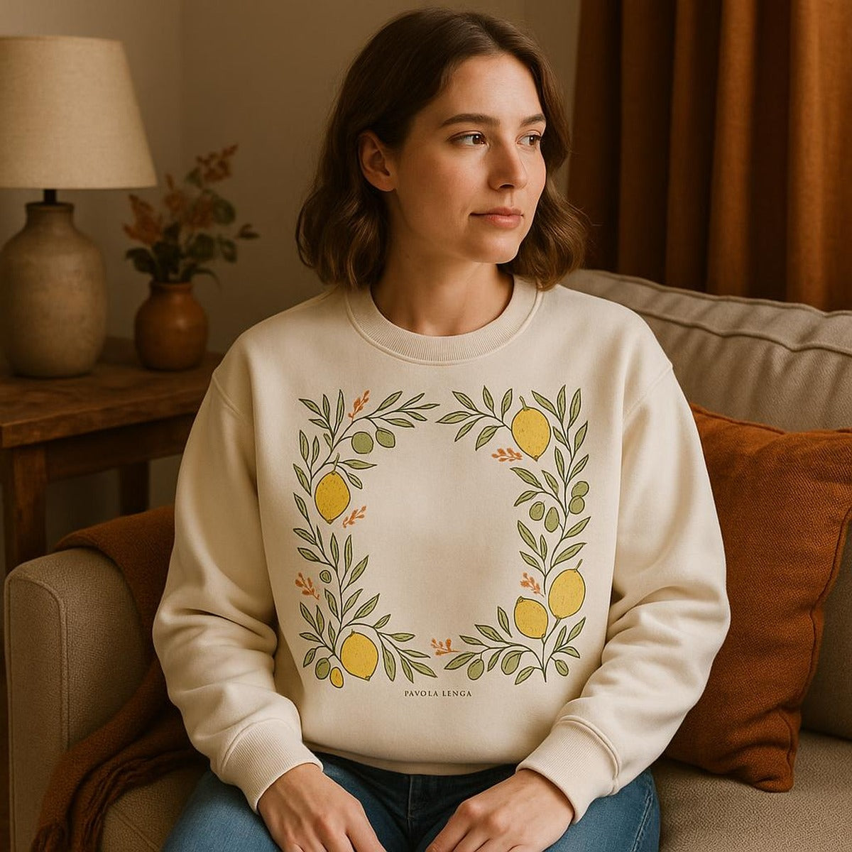 Full-length view of the sweatshirt styled with denim to show scale and drape