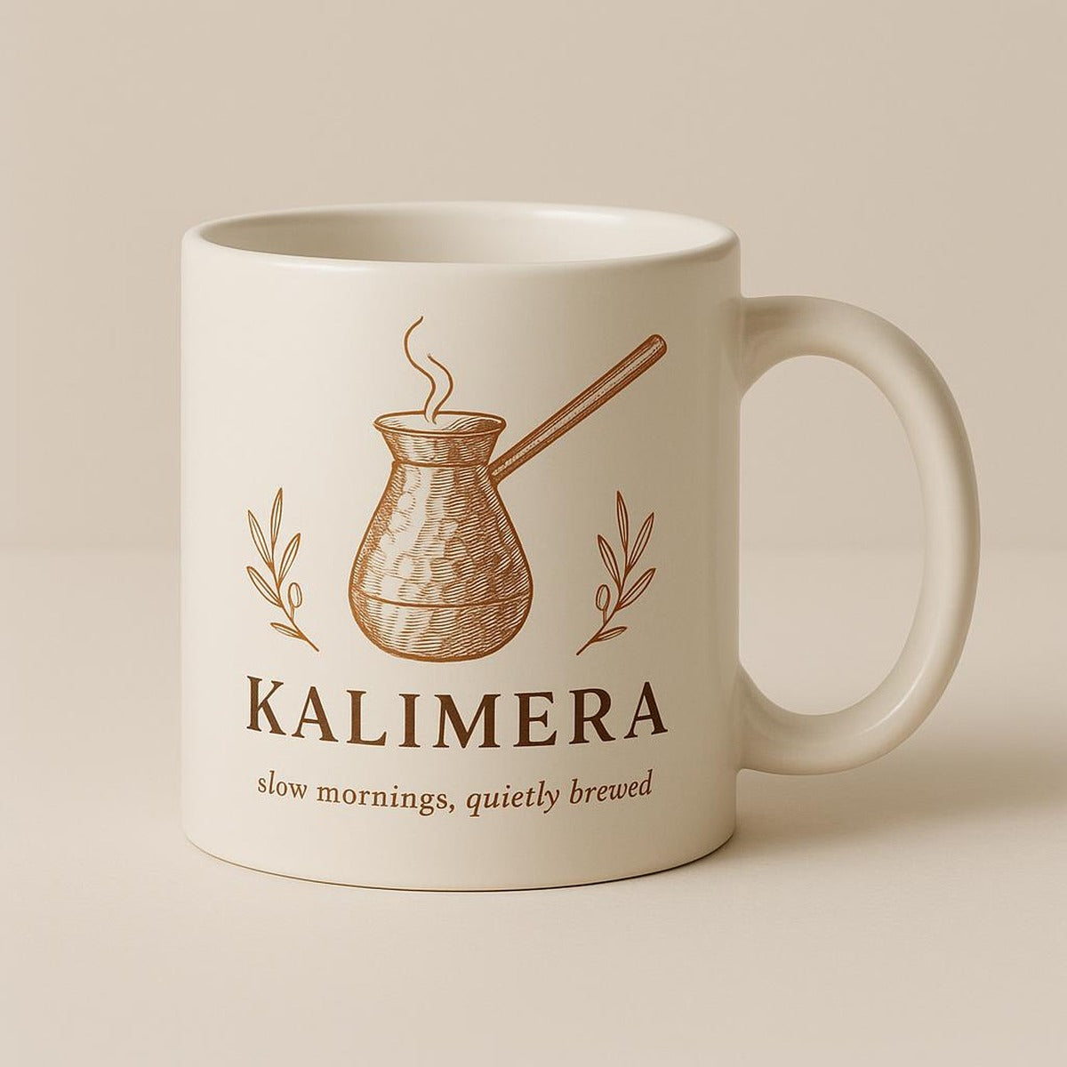 Overhead view of the mug showing the cream interior and 325ml capacity beside coffee beans