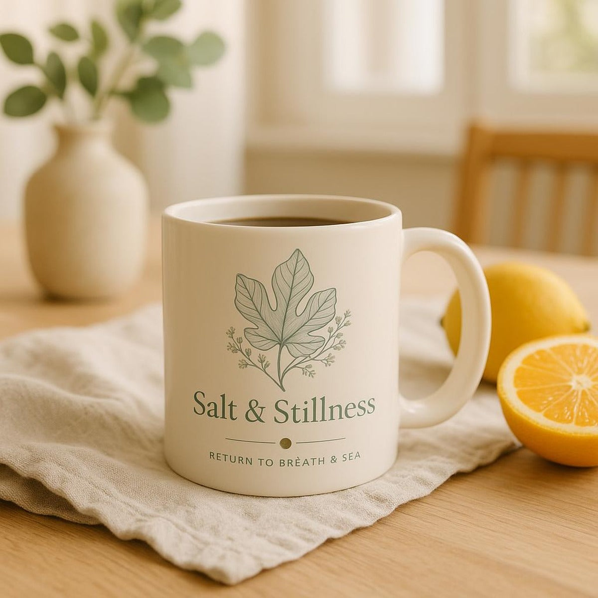 Ceramic mug styled on a wooden shelf beside dried grasses in a calm neutral interior
