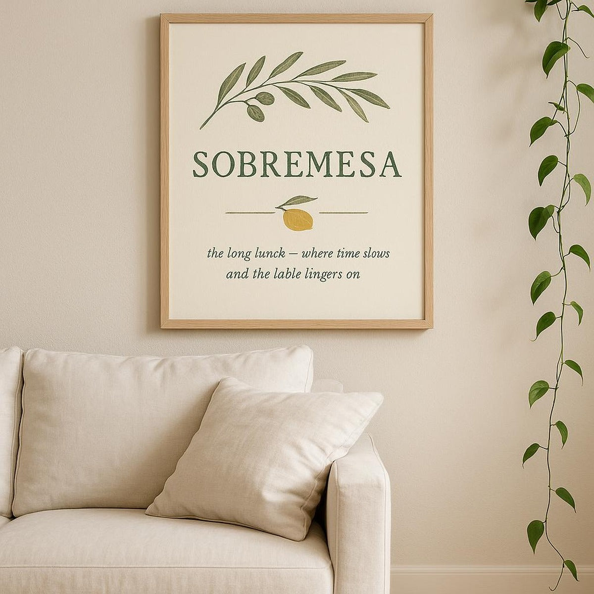 Poster shown beside a chair to indicate scale in a bright kitchen corner
