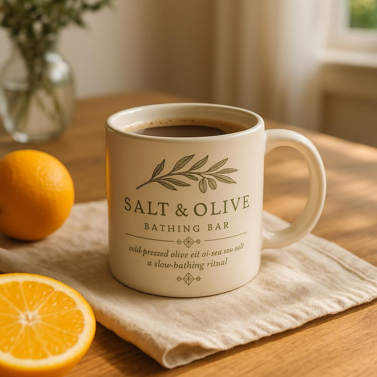 The coastal mug styled on a bedside table beside linen and a sprig of olive