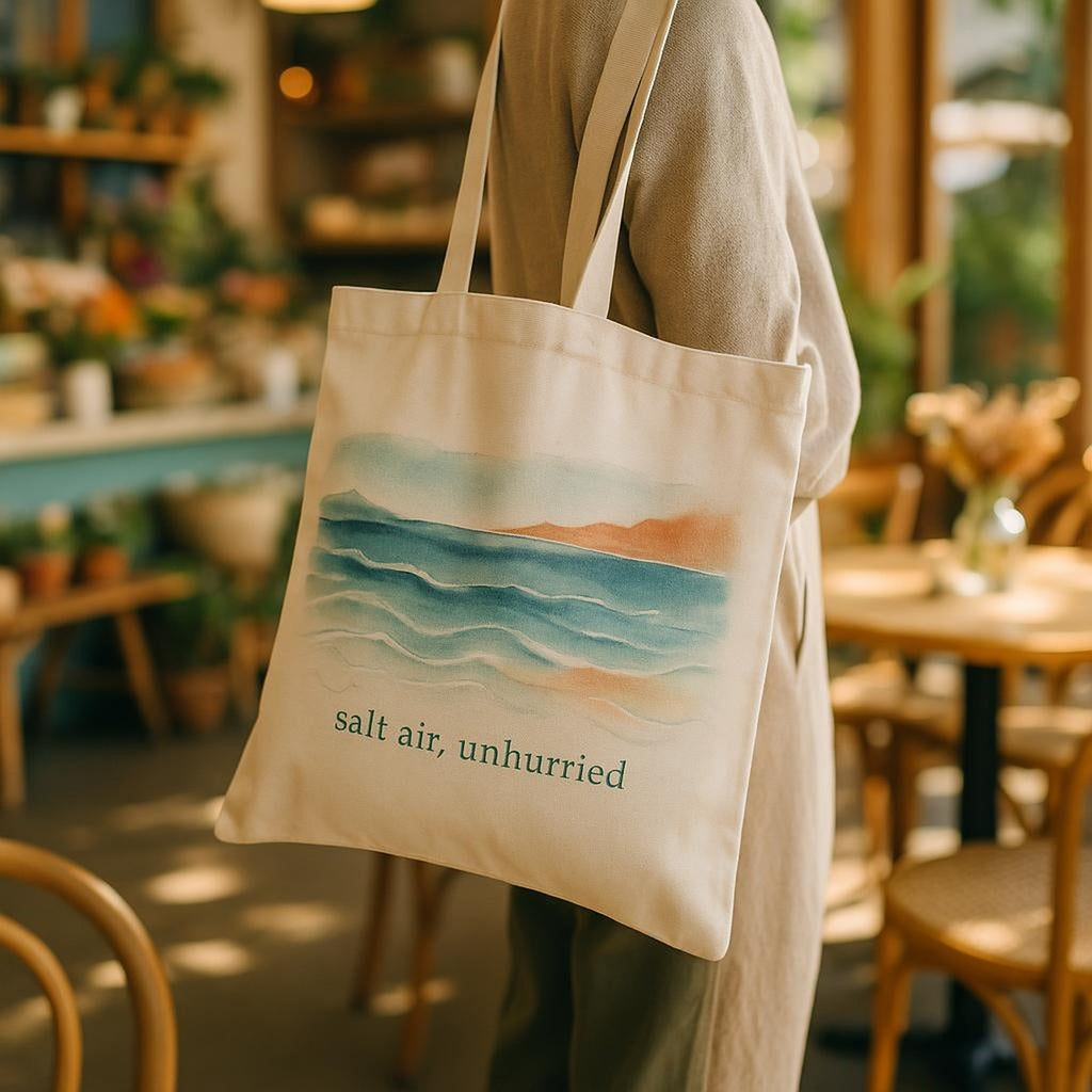 Scale image showing the tote standing upright on its flat base beside everyday essentials