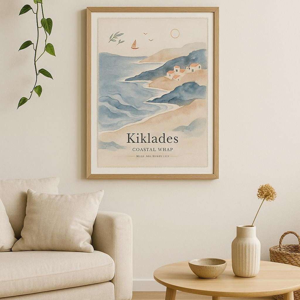 Coastal art print framed above a bed in a bright, airy Mediterranean-style bedroom
