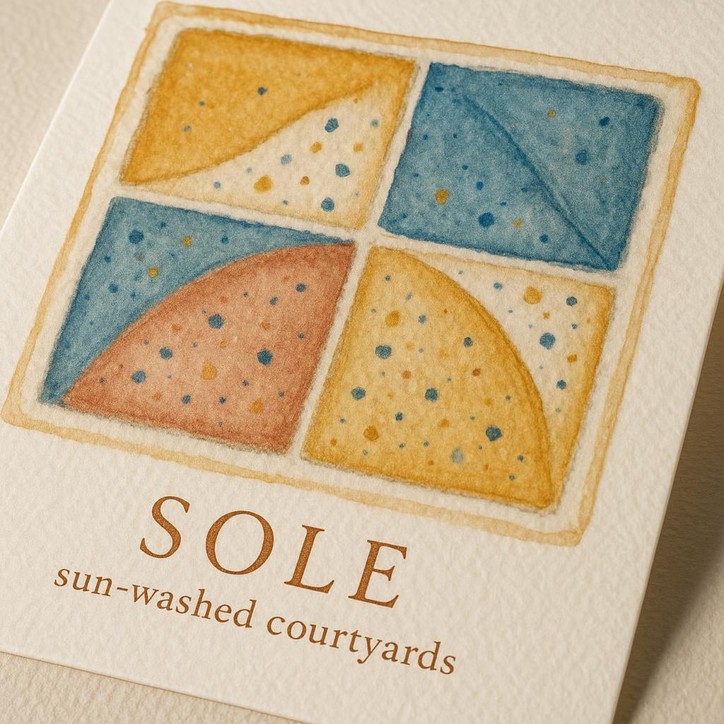 Close-up of the poster surface revealing crisp ochre and azure tile detail and matte low-glare finish