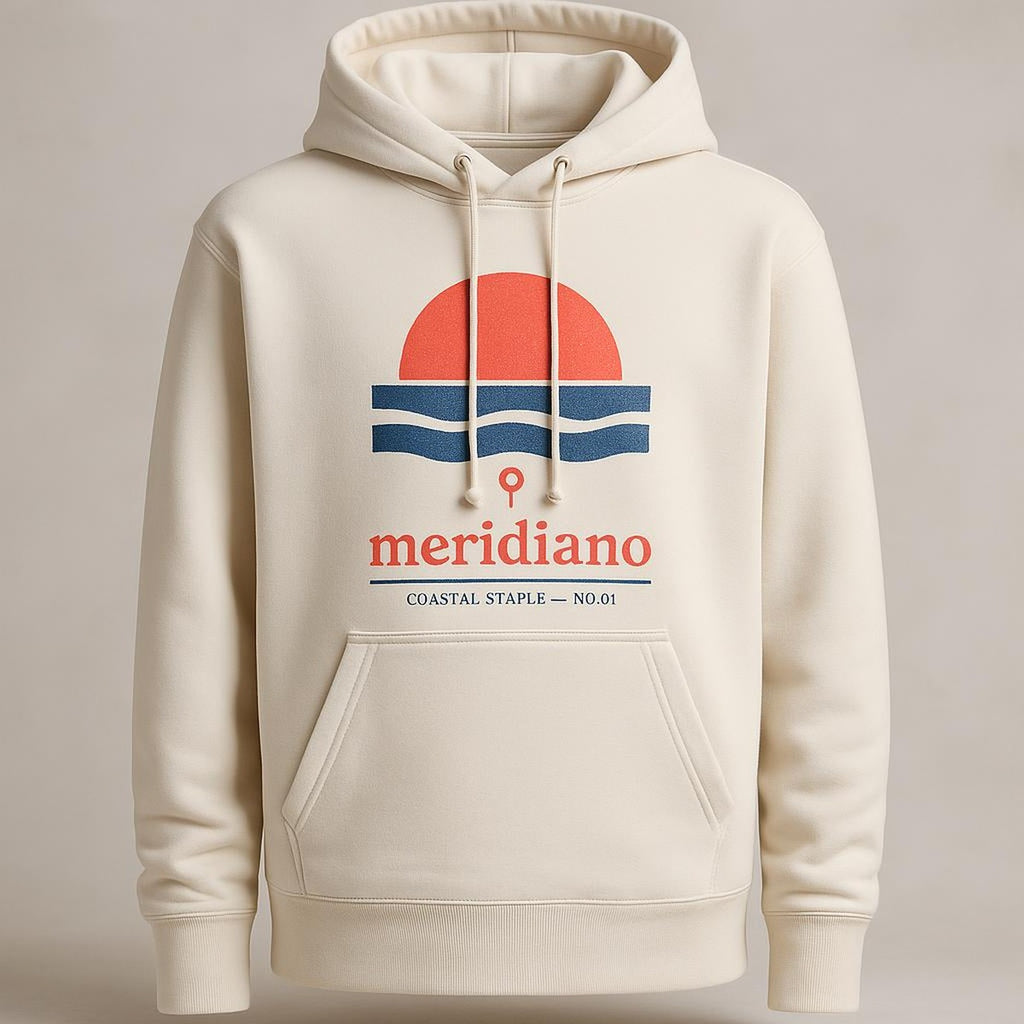 Folded hoodie styled on a wooden bench with neutral Mediterranean home decor