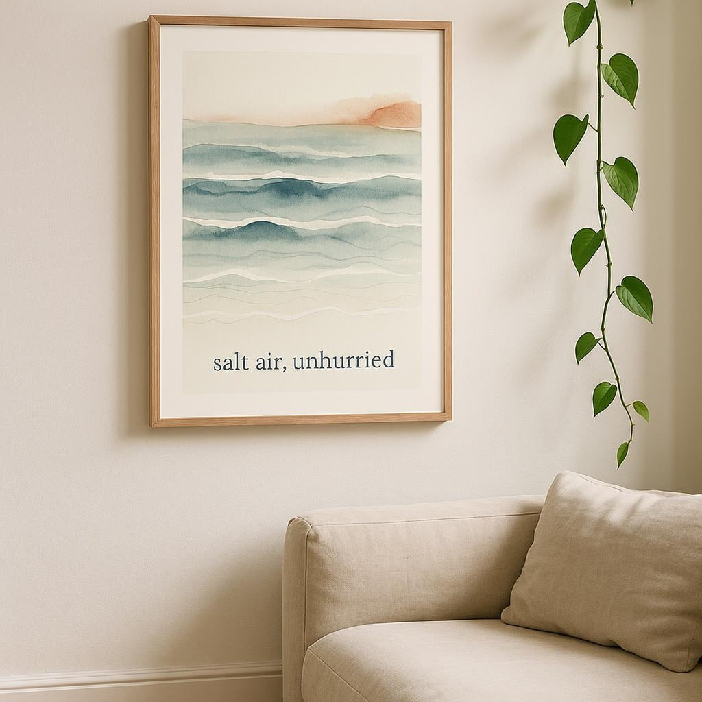 Room setting with the seafoam poster hung in a serene bathroom nook near woven textures