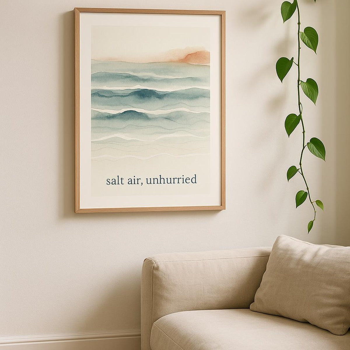 Room setting with the seafoam poster hung in a serene bathroom nook near woven textures