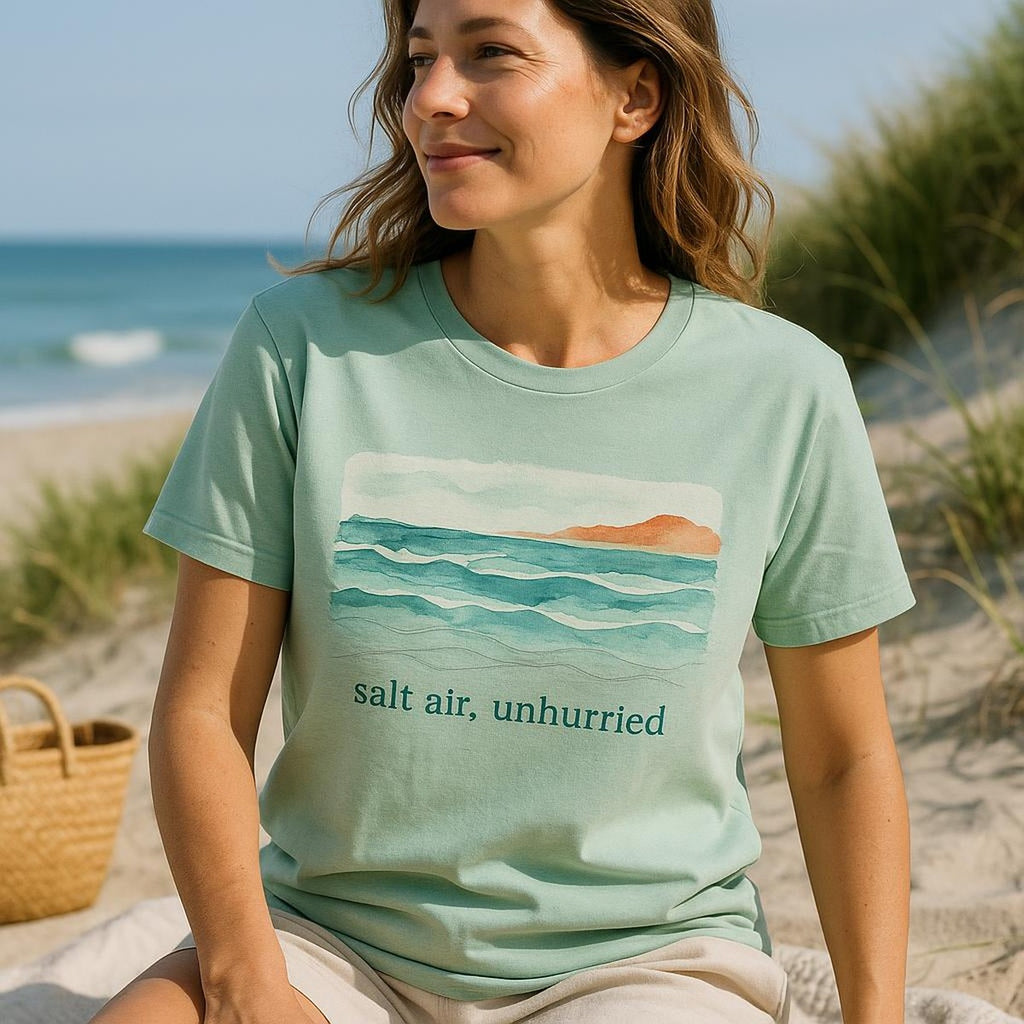 Person wearing the soft coastal tee on a breezy seaside boardwalk