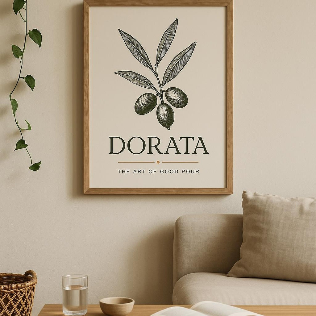 Framed Mediterranean olive oil poster styled above a rustic kitchen countertop
