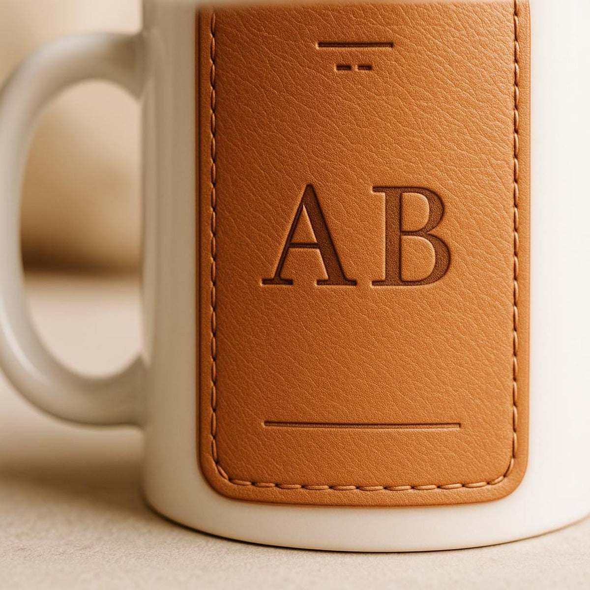 Close-up of the hand-illustrated leather luggage tag design showing stitching detail on the mug