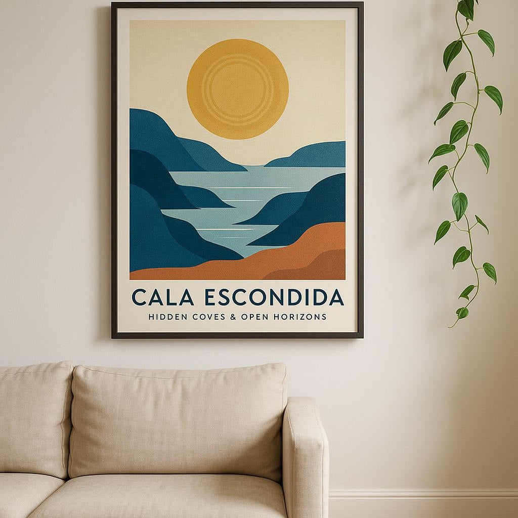 Scale reference of the abstract sea poster next to a chair showing large statement size on a plaster wall