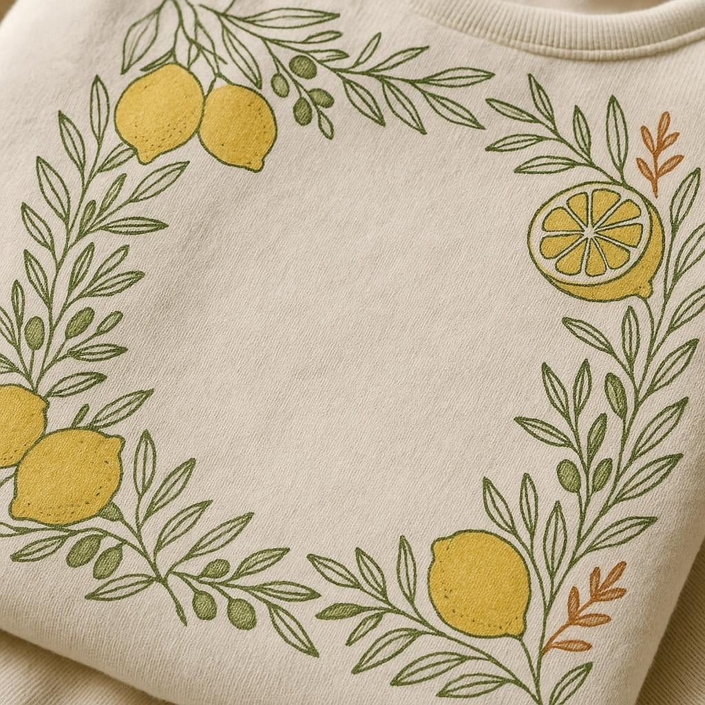 Close-up of the citrus and silvery olive branch print on soft brushed fleece fabric