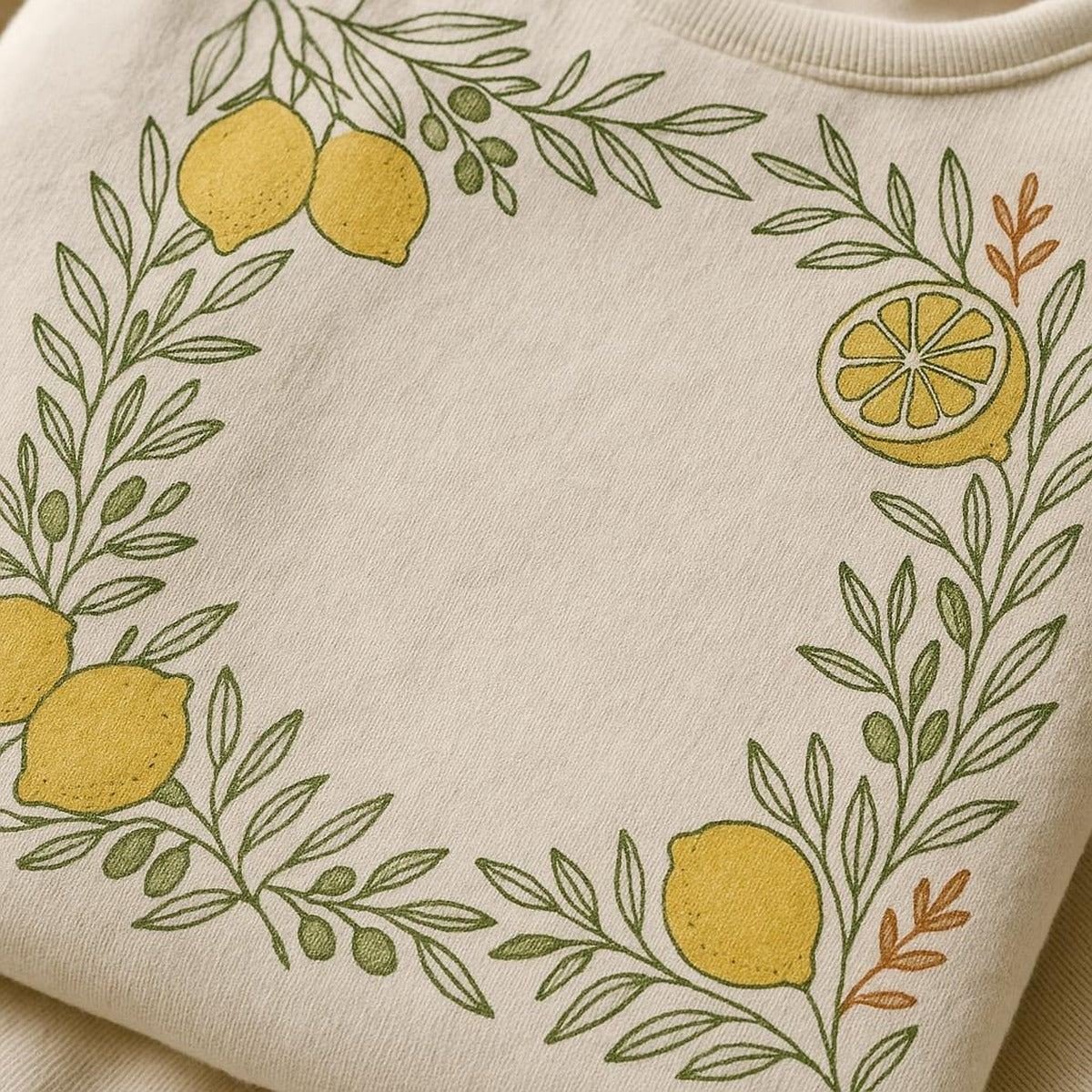 Close-up of the citrus and silvery olive branch print on soft brushed fleece fabric