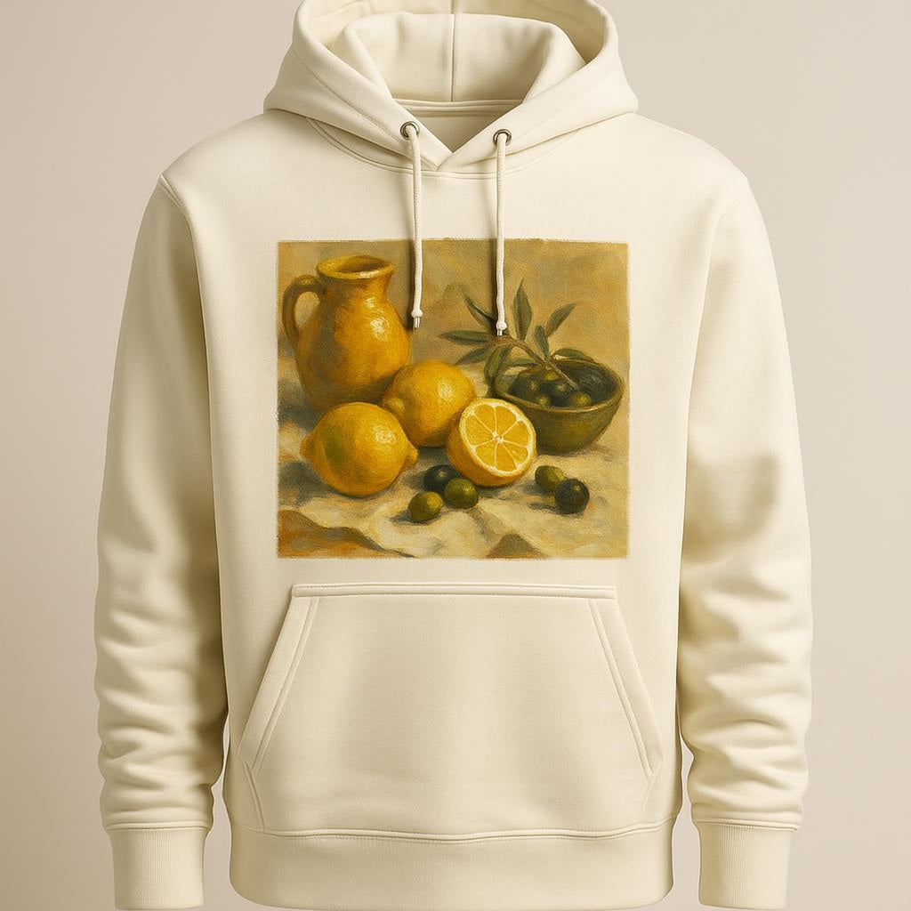 Folded stone hoodie resting on a wooden bench beside linen and leather accessories in a sunlit room