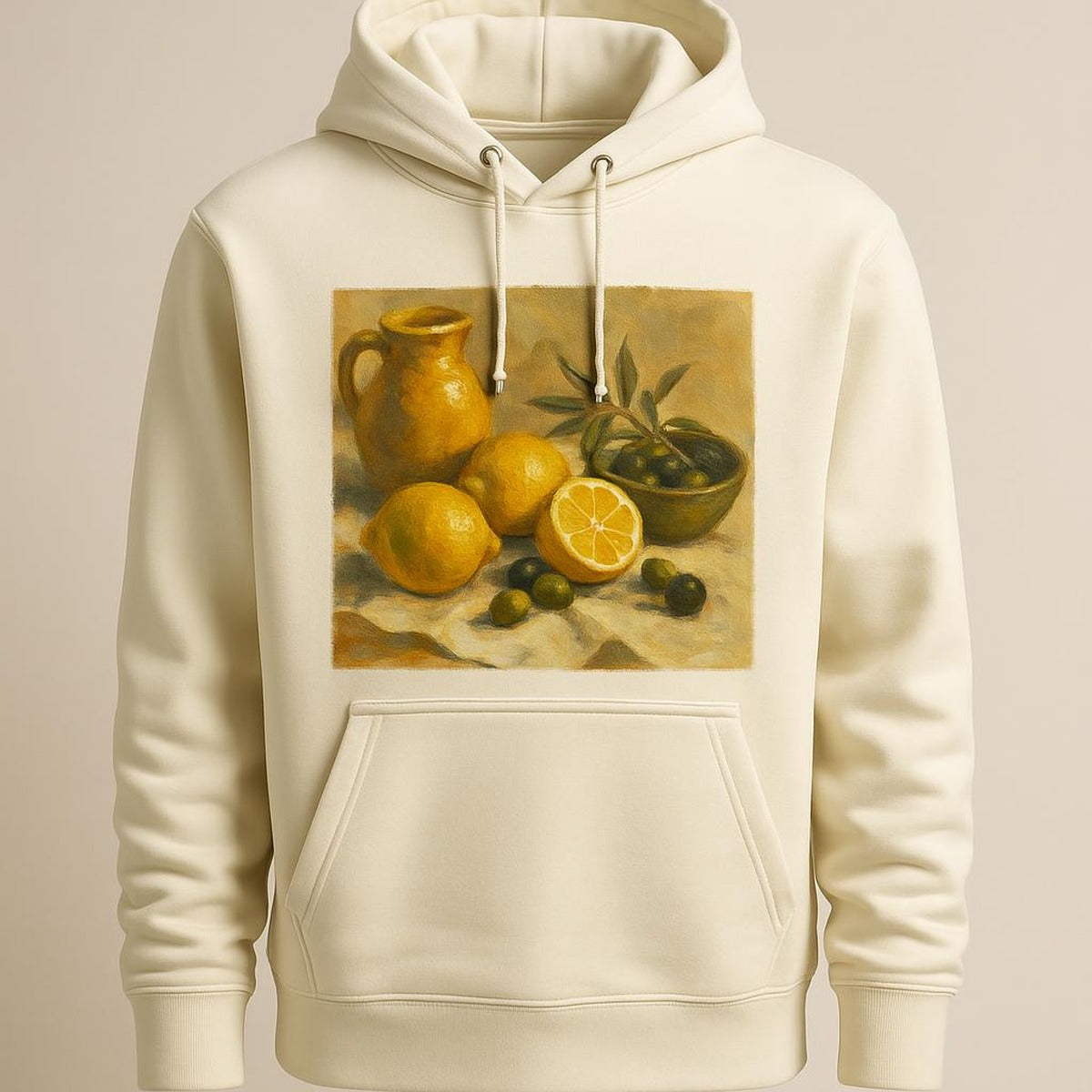 Folded stone hoodie resting on a wooden bench beside linen and leather accessories in a sunlit room