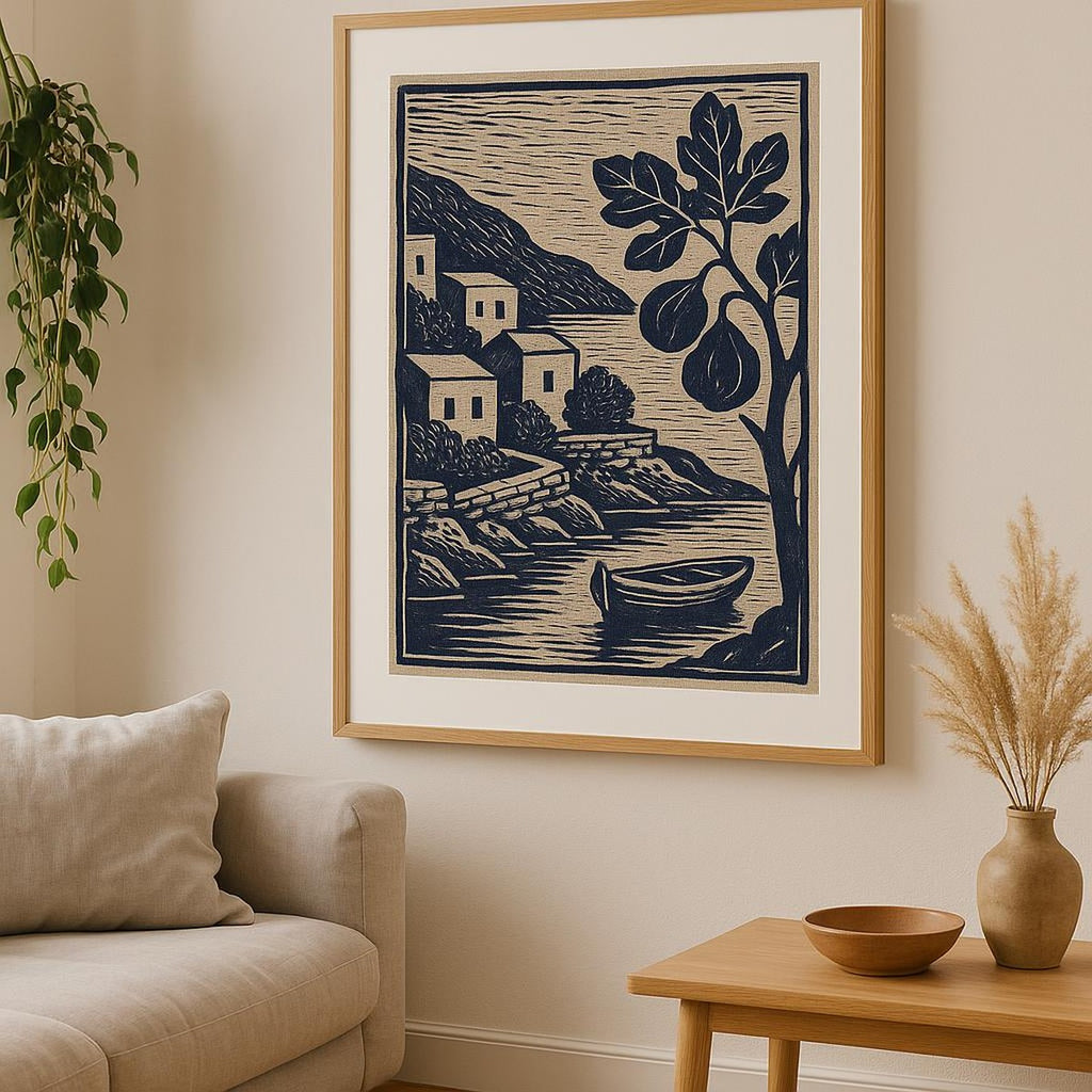 Rustic kitchen wall showing the linen apron poster styled above a wooden countertop