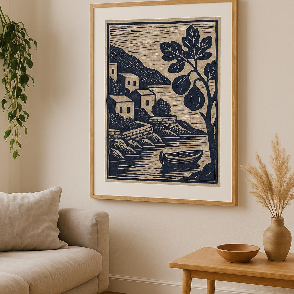 Rustic kitchen wall showing the linen apron poster styled above a wooden countertop