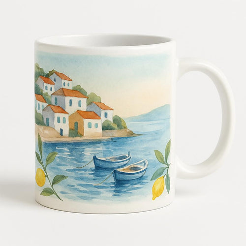 Natural sand and sea blue ceramic mug with Porto coastal design on a white background