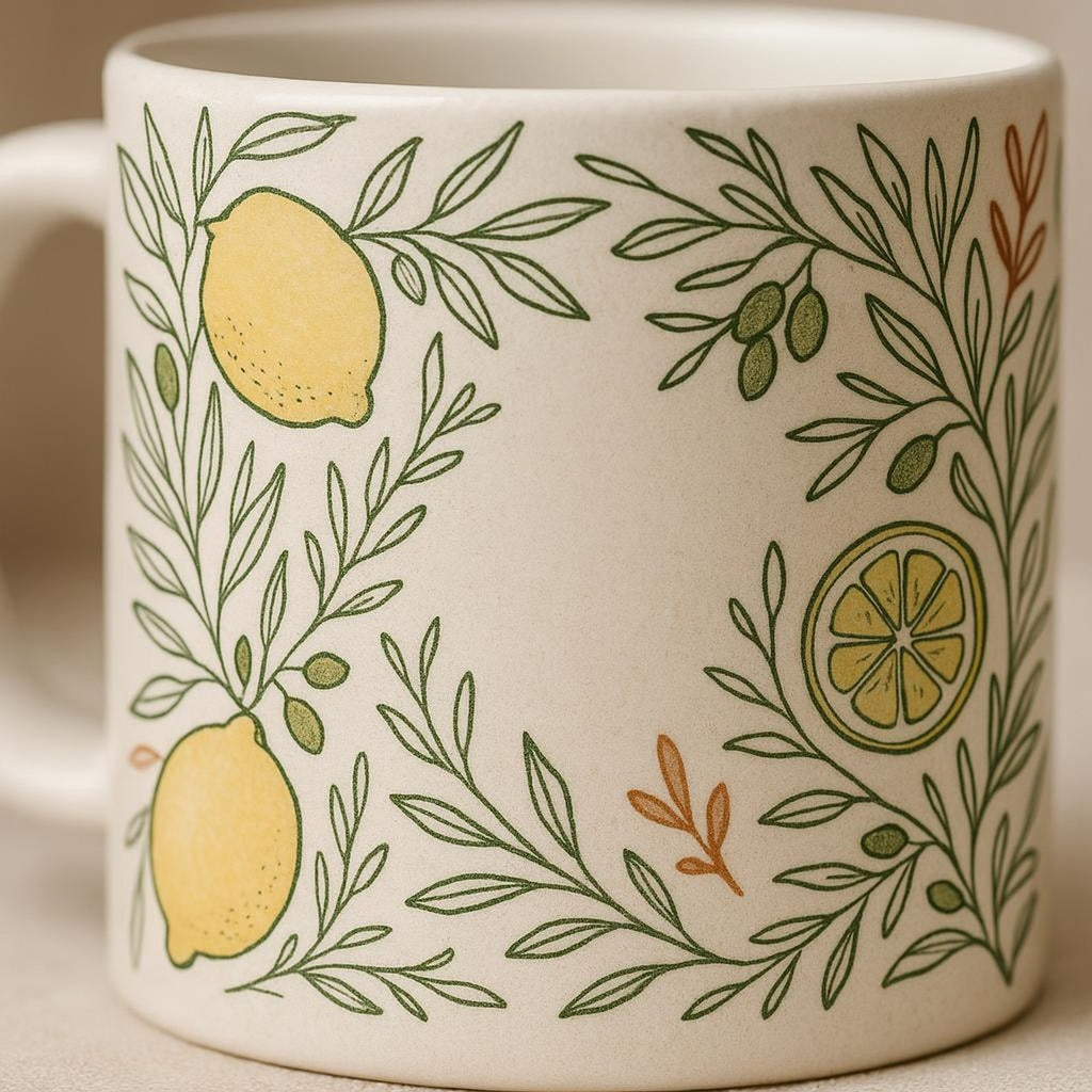 Close-up of the hand-drawn lemon and silvery olive branch illustration wrapped around the mug