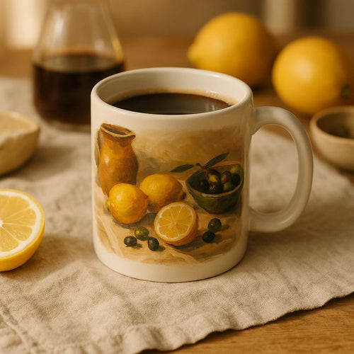 Hands cradling the stone mug of coffee on a slow morning by a sunlit window