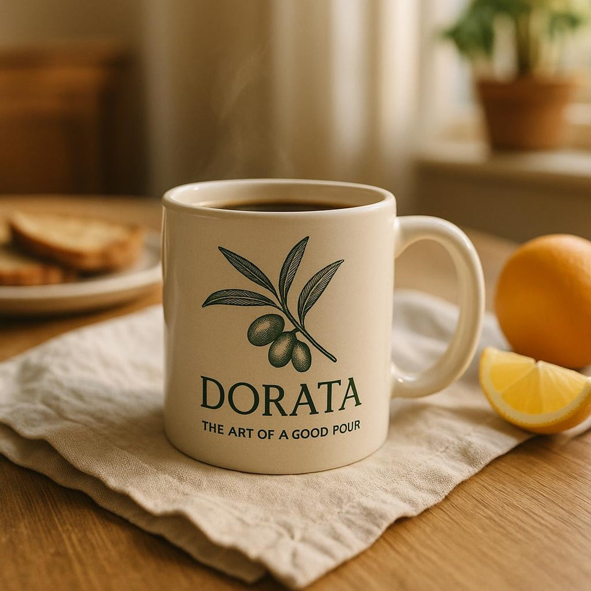 Amber mug beside a coffee pot on a rustic Mediterranean kitchen table