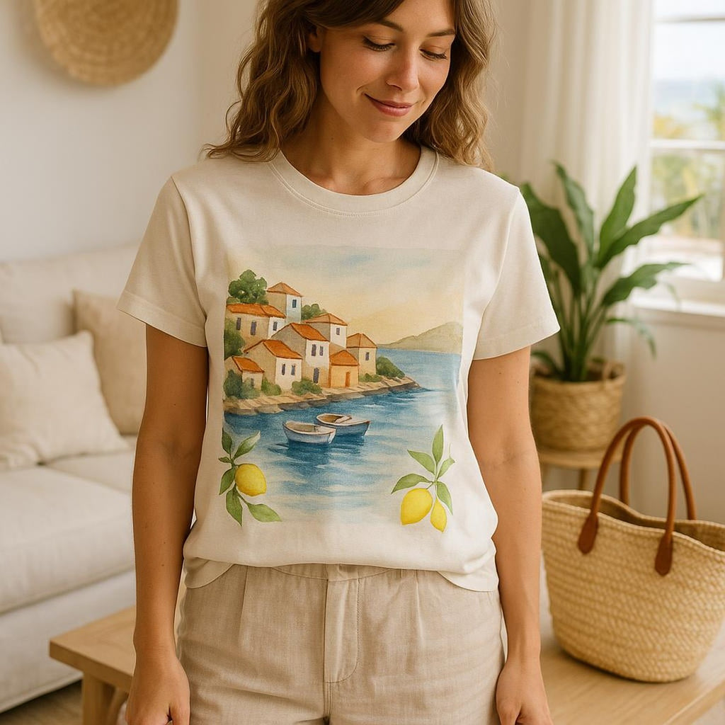 Full-length view showing the unisex relaxed drape and length of the t-shirt