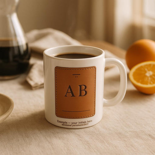 Riviera-style ceramic mug filled with coffee resting on a sunlit linen tablecloth