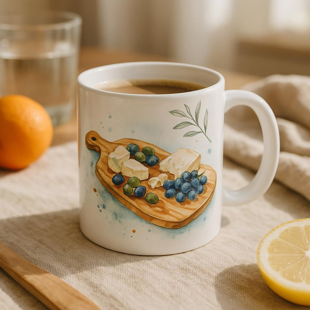 Lifestyle scene of the Meltemi mug on a sunlit Mediterranean table beside olives, cheese and bread