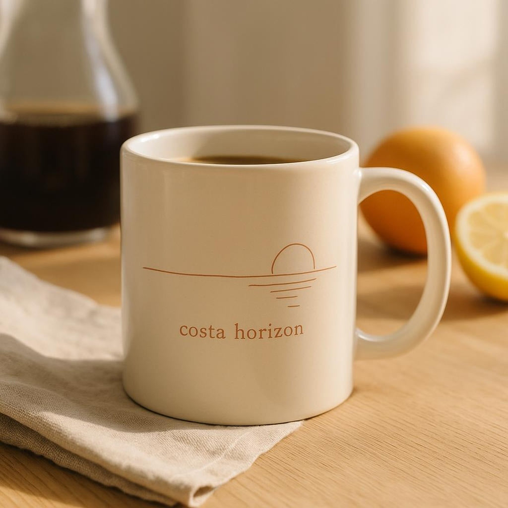 Costa Horizon mug on a sunlit Mediterranean terrace table beside a linen napkin and morning coffee