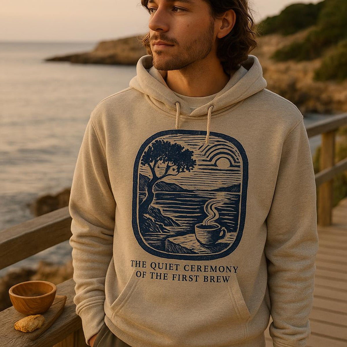 Person wearing the cosy coffee hoodie while holding a warm mug in soft morning kitchen light