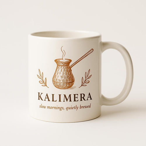 Cream stoneware mug with hand-illustrated copper cezve coffee pot design, front view on white background