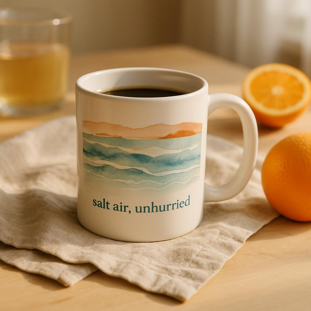 Lifestyle scene of the calming coastal mug held in two hands beside a linen throw