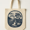 Natural cotton canvas tote bag printed with an olive-wood coffee scoop illustration in olive green