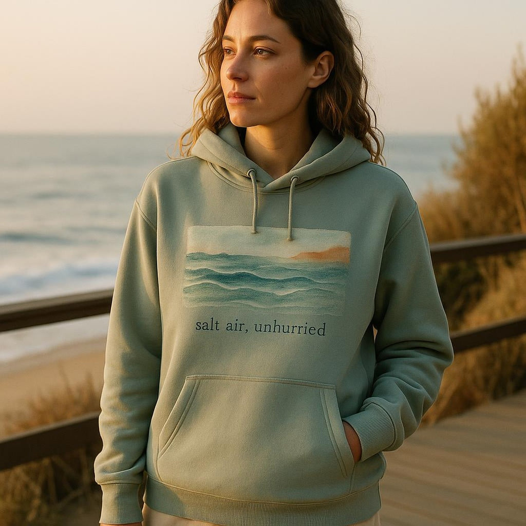 Person wearing the relaxed sea-glass hoodie on a breezy coastal path at golden hour